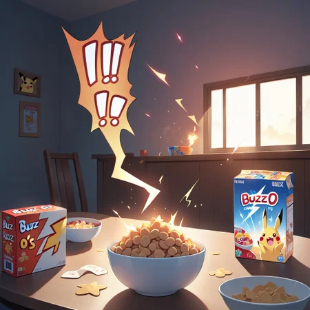 Buzz, adorable, HD, distinct image, rim lighting, buzz, kid's cereal box with the word BUZZ-O's, lightning-bolt shaped cereal pieces, dining table, morning, ((text: "BUZZ-O's")), (empty bowl), spilt cereal, Pikachu, cereal bowl, excited, sparks coming from bowl