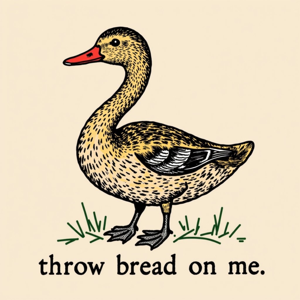 in the style of snek, a mallard duck with the text "throw bread on me" underneath