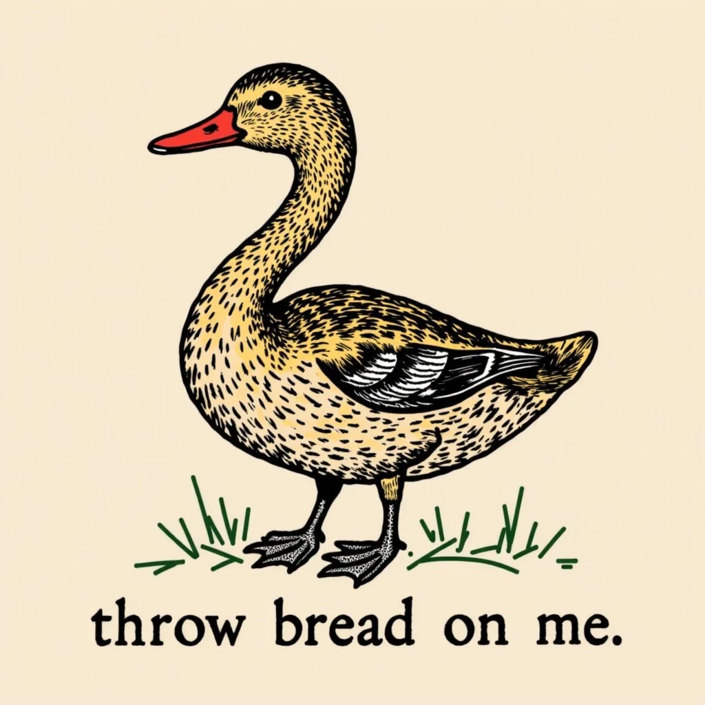 in the style of snek, a mallard duck with the text "throw bread on me" underneath