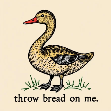 in the style of snek, a mallard duck with the text "throw bread on me" underneath