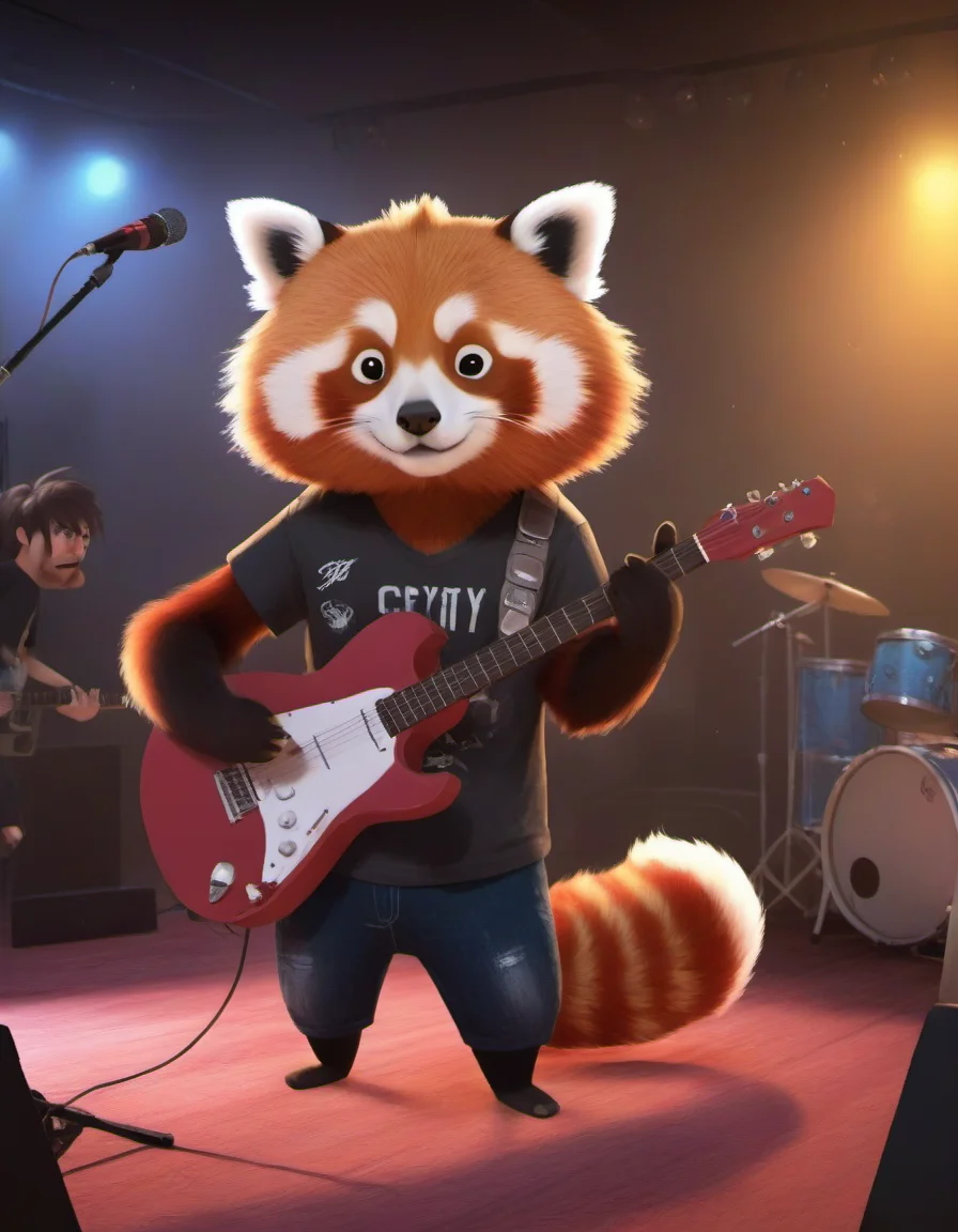 r4y, flatee, shadee, a Red panda playing guitar in a club, rock band, concert <lora:DIGIXL_0.1_RC:0.6>