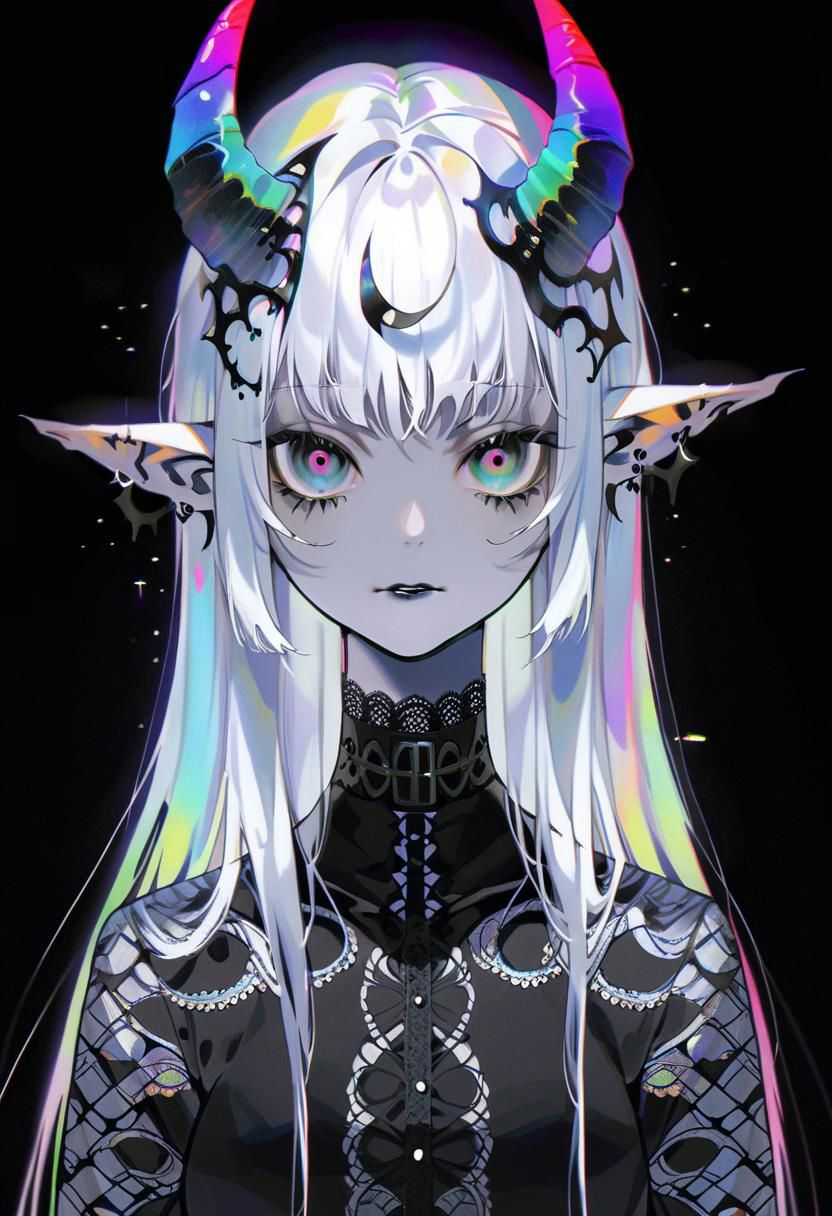 pale demon girl , prismatic coloring, holographic vibe, chromatic black lace blouse, gothic background, (long straight horns:1.2)