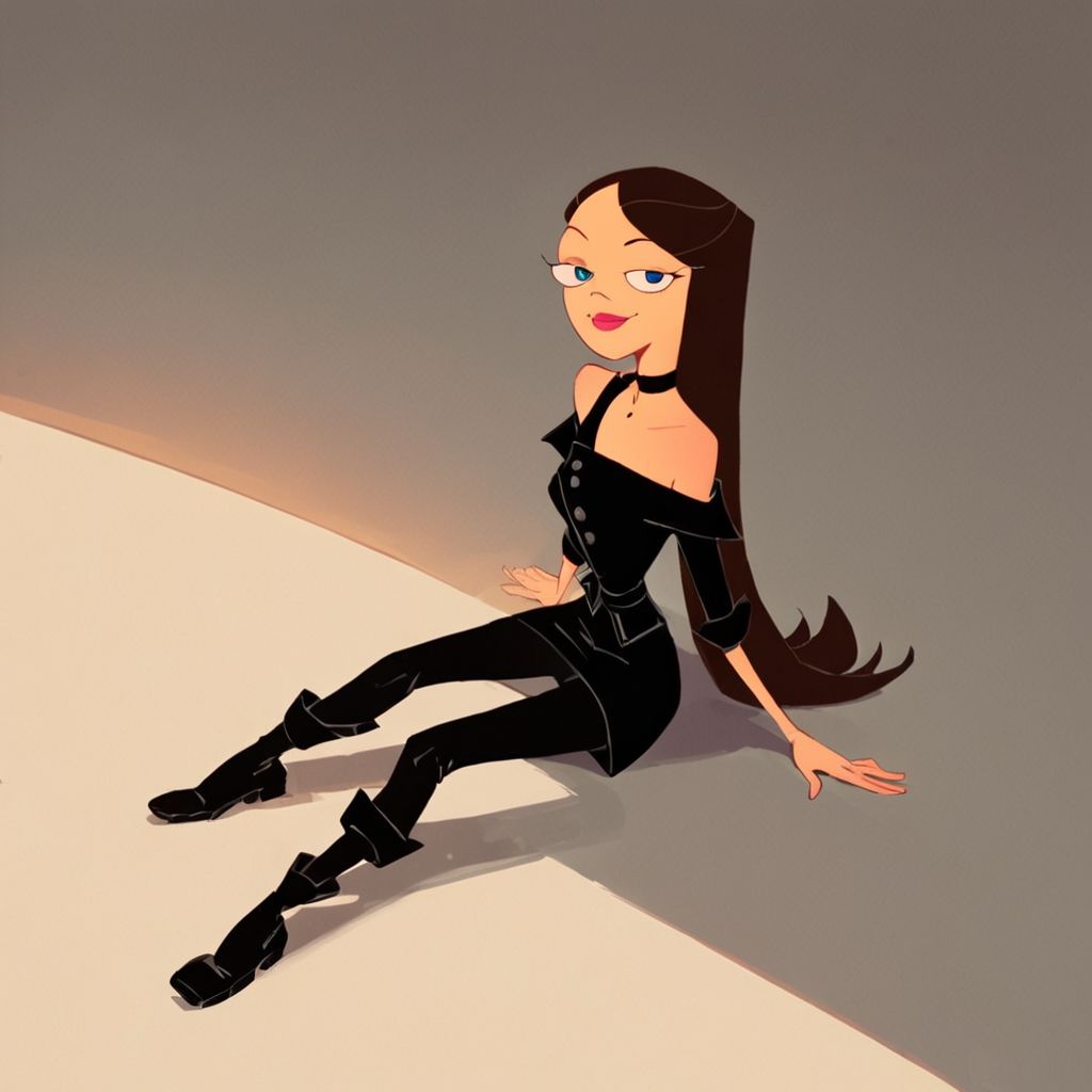 score_9, score_8_up, score_7_up, score_6_up, score_5_up, score_4_up, rating_questionable, 1girl, VanessaDoof, black outfit, cartoon, sitting on the floor, exposed shoulder, seductive smile