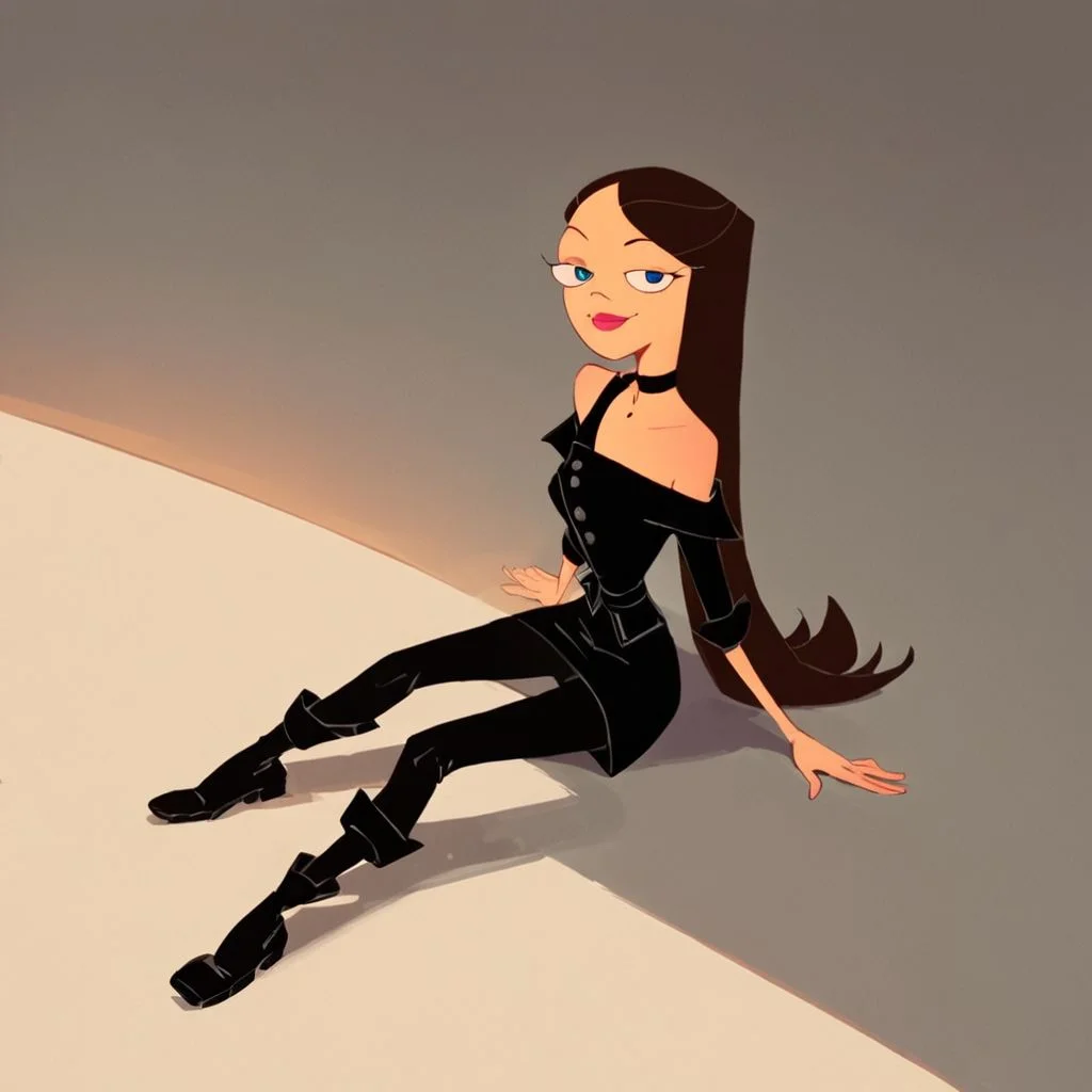score_9, score_8_up, score_7_up, score_6_up, score_5_up, score_4_up, rating_questionable, 1girl, VanessaDoof, black outfit, cartoon, sitting on the floor, exposed shoulder, seductive smile