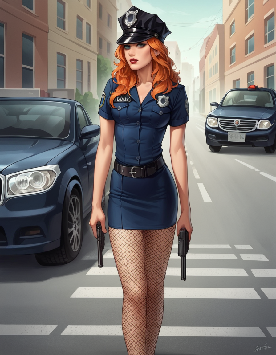 score_9, score_8_up, score_7_up, score_6_up, score_5_up, score_4_up, source_anime, best quality, 1girl, makeup, lipstick, ginger hair,  hud_plce_wmn, short blue dress, short sleeves, belt, police hat, fishnets, badge, buttons, gun, <lora:policewoman-000007:0.6>, street, car, outdoors