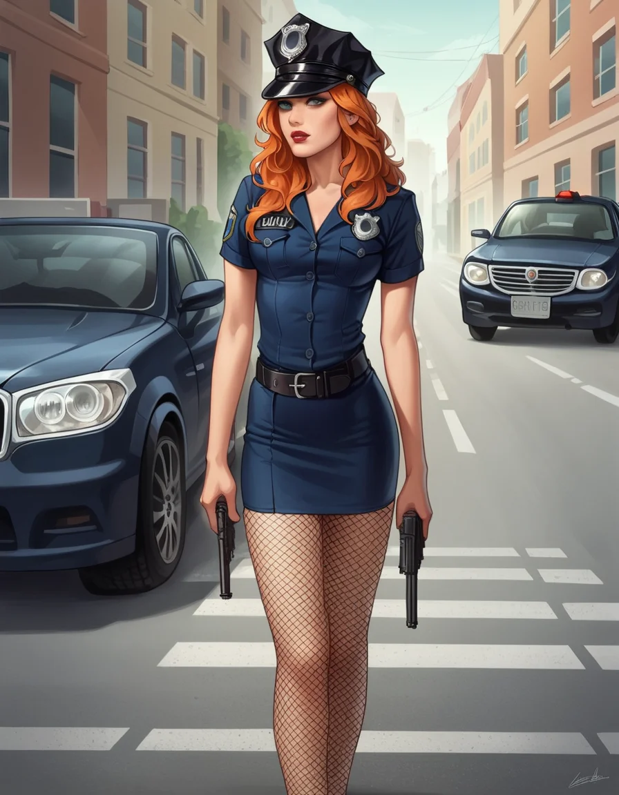 score_9, score_8_up, score_7_up, score_6_up, score_5_up, score_4_up, source_anime, best quality, 1girl, makeup, lipstick, ginger hair, hud_plce_wmn, short blue dress, short sleeves, belt, police hat, fishnets, badge, buttons, gun, <lora:policewoman-000007:0.6>, street, car, outdoors