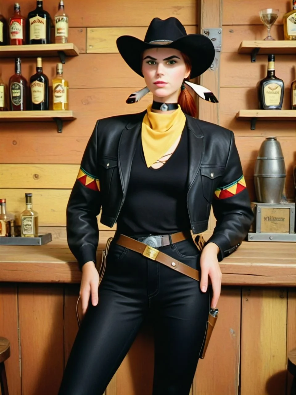 score_9, score_8_up, score_7_up, realistic, 1girl, solo, (contrapposto:1.2), cowboy shot, legs apart, standing, facing viewer, looking at viewer, leaning against bar, <lora:cJaneTV_PDXL:1.0> cjanetv, female with auburn hair, green eyes, feather hair ornament, choker, yellow neckerchief, black leather jacket, black denim pants, cowboy hat, belt, holster, hands in pockets, cowboy western,