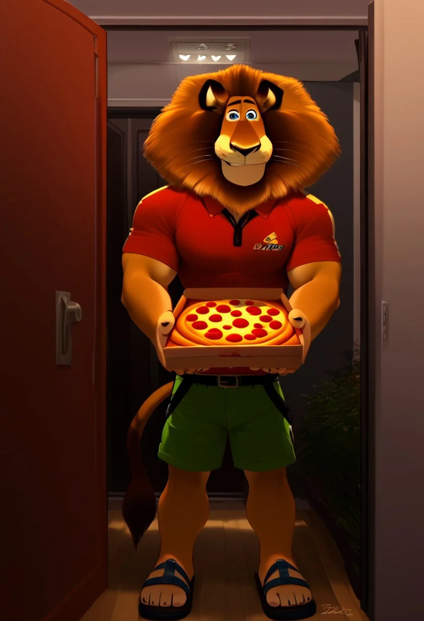 score_9, score_8_up, score_7_up, score_6_up, source_anime, 2d, AlexLion,Lion,whiskers,fluffy fur,silky mane,blue eyes,black claws,lion tail, , <lora:Clothing - Sexy Delivery Man - UPS:0.55>, pizza delivery, delivery boy, ups-outfit, short sleeves, green shorts, open clothes, hat, pizza box, employee uniform, pov, pizza delivery, holding box with pizza, belt, sandals, happy,, 1boy, BL comic style cute boy Yaoi, yaoi, delivery boy, yaoi,gay, huge muscle male,huge muscles, fluffy fur, indoor, open door, entrance hall, apartment, large pecs, cute smiling, innocent looking, kindest and gentlest boy, (((<lora:Clothing - Sexy Delivery Man - UPS:0.55>, ups-outfit, polo shirt, short sleeves, green shorts, clothes, hat, pizza delivery boy, holding box with pizza, belt, sandals))), happy, light indoor, ((<lora:Alex_the_Lion_Madagascar_-_Pony_XL:1>,, smirk, friendly sight, cute boy))