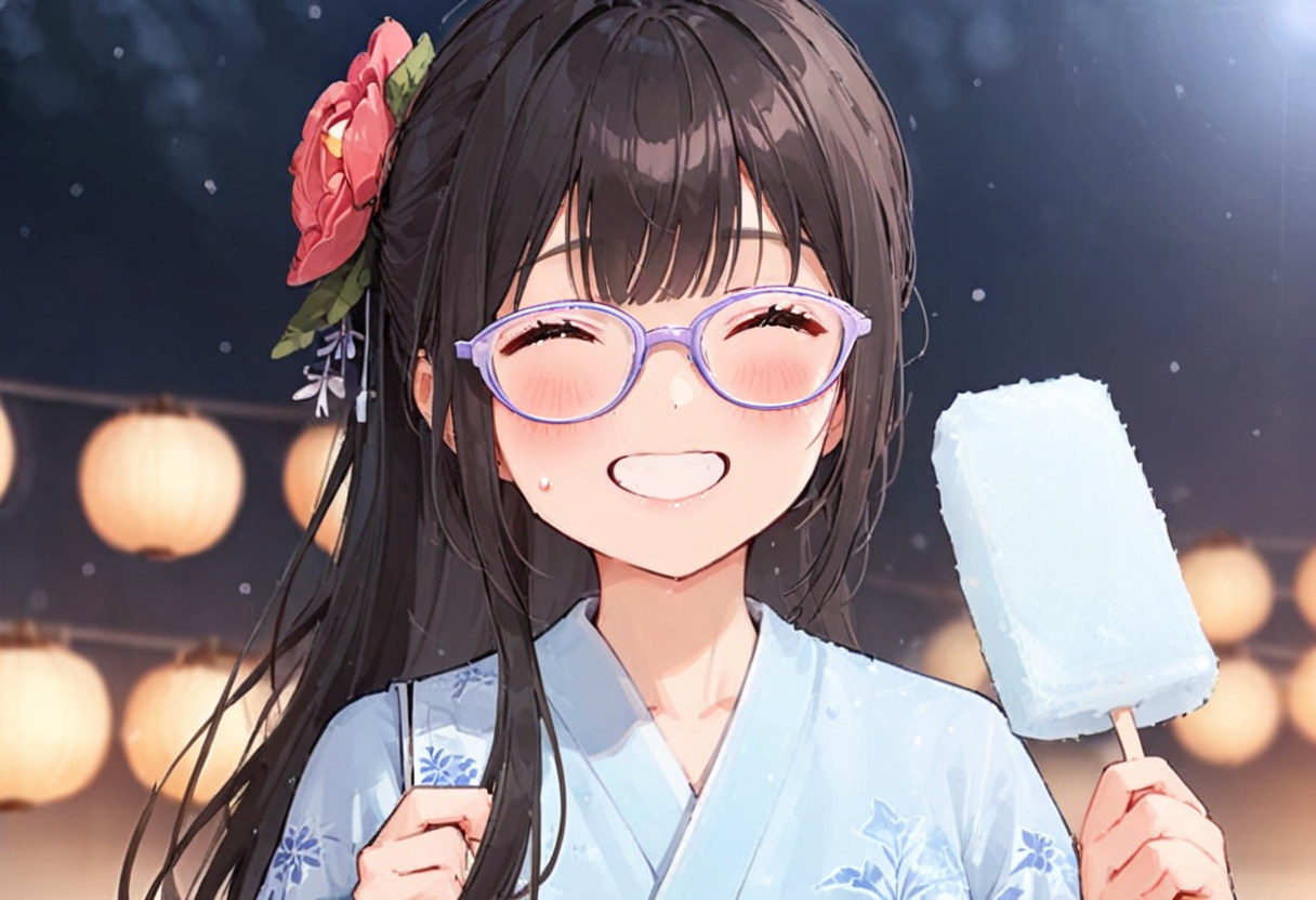 masterpiece, best quality, very aesthetic, absurdres,
1girl, solo, glasses, black hair, food, long hair, blush, holding, holding food, yukata, floral print, hair ornament, hair flower, hair bun, uchiwa, paper fan, paper lantern, night, blurry background, happy, laughing,
garigarikun, summer, night, paper lantern, 
<lora:garigarikun_SDXL_V1:1>