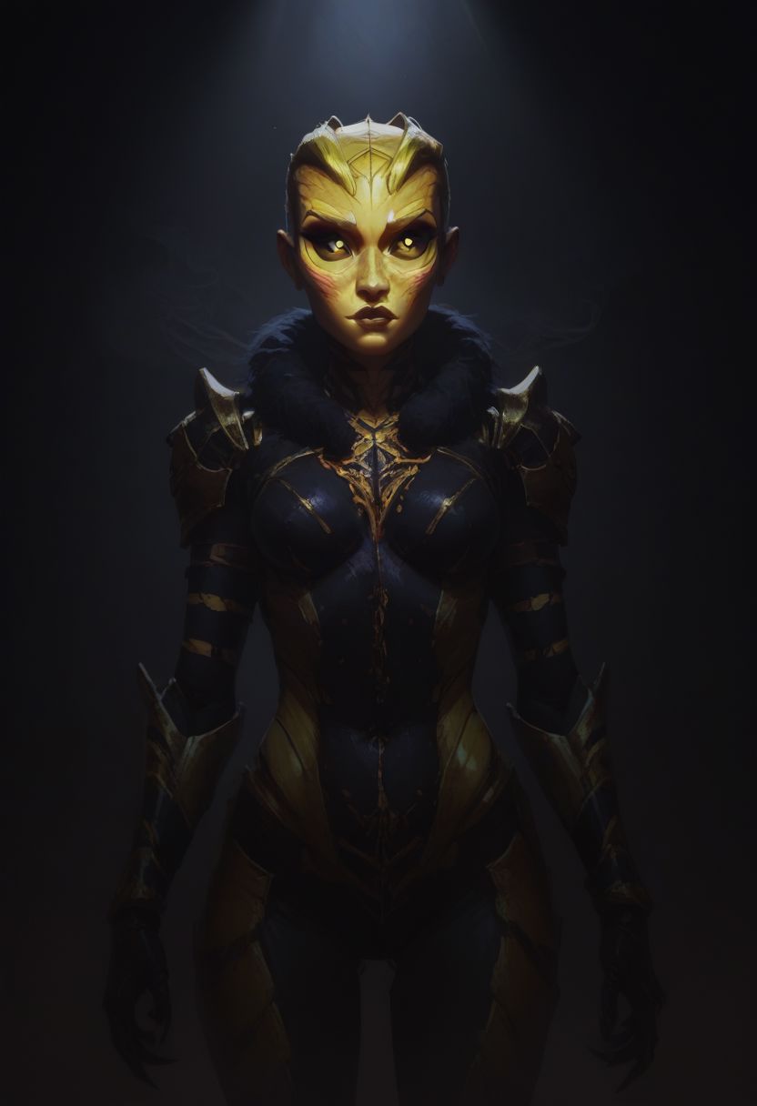 score_9, score_8_up, score_8_up, raw, Thri Kreen, colored sclera, beetle antennae, 2 pairs of hands, black eyes, (black chitin, yellow face chitin, yellow stripes:2), insect wings, white hair, black antennae, fur collar,  steel armor, fantasy background, blurred background, arthropod abdomen, arthropod, insect, insect hive background, blurry background, honey, dripping honey, gloden diffuse lighting, dark lighting, Dvorah, (cowboy shot:1.5),
BREAK, arcan3styl3v1, 43stl1ght1ng, low light, dramatic lighting, darkness, smoke, neon, spotlight, concept art, realistic, dark theme, low light,