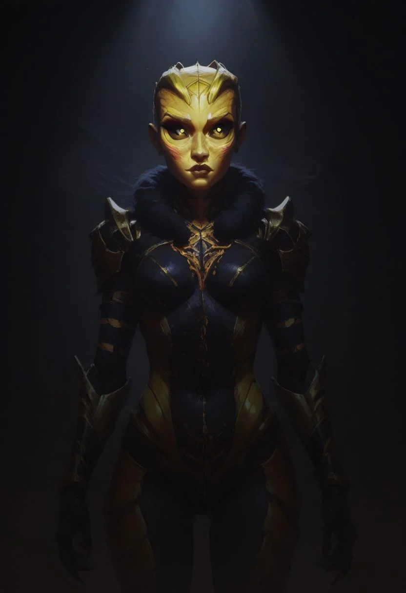 score_9, score_8_up, score_8_up, raw, Thri Kreen, colored sclera, beetle antennae, 2 pairs of hands, black eyes, (black chitin, yellow face chitin, yellow stripes:2), insect wings, white hair, black antennae, fur collar, steel armor, fantasy background, blurred background, arthropod abdomen, arthropod, insect, insect hive background, blurry background, honey, dripping honey, gloden diffuse lighting, dark lighting, Dvorah, (cowboy shot:1.5),
BREAK, arcan3styl3v1, 43stl1ght1ng, low light, dramatic lighting, darkness, smoke, neon, spotlight, concept art, realistic, dark theme, low light,