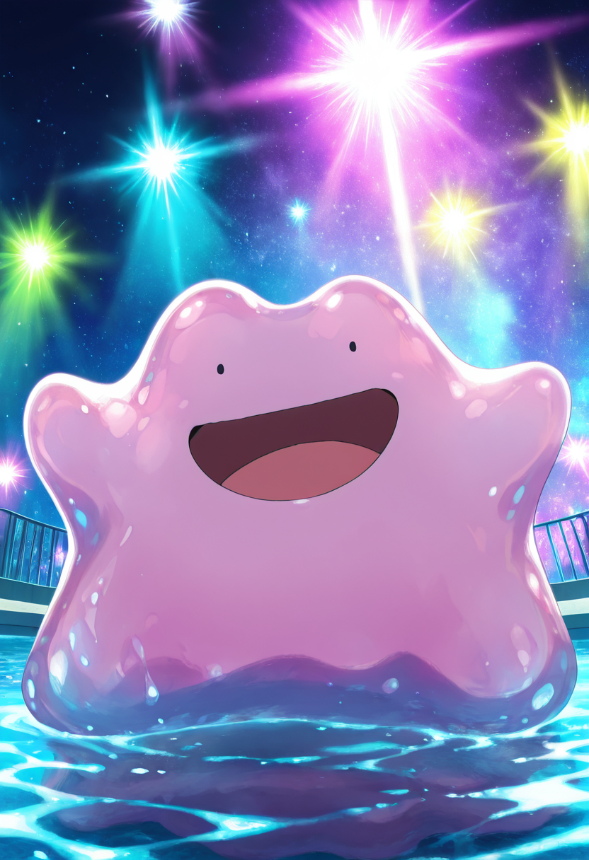 masterpiece, best quality, anime screencap,  zzDitto, :D, shallow pool in a dreamlike void, floating lights above.   ,<lora:DittoPokedex_IXL_v1:1.0>,