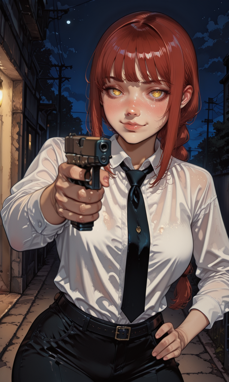embedding:IllusP0s, artist:morriimee, glock, holding weapon, aiming gun 1girl, solo, makima, yellow eyes, ringed pupils, red hair, bangs, braide, white shirt, black tie, black pants, alleyway, night, outdoors, hand on hip, smirk, embedding:IllustriousQual, embedding:Smooth Quality, embedding:IllusP0s, artist:morriimee, glock, holding weapon, aiming gun 1girl, solo, makima, yellow eyes, ringed pupils, red hair, bangs, braide, white shirt, black tie, black pants, alleyway, night, outdoors, hand on hip, smirk, embedding:IllustriousQual, embedding:Smooth Quality,<lora:glock_ill.safetensors:1.0:1.0> <lora:MoriiMee_Gothic_Niji_Style_Illustrious_r1.safetensors:1:1>