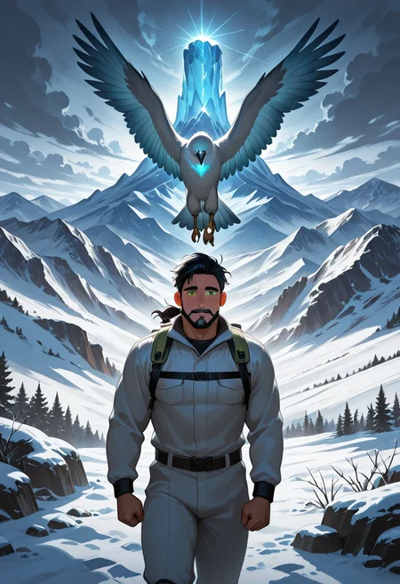 (masterpiece), best quality, 1boy, mbti_enfj, mature man, muscle man, green eyes, black-tied hair, facial hair, mountain rescue, stormy peaks, caring gaze, helping hand, strong pose, windswept hair, snowy landscape, dynamic lighting, dramatic clouds, glowing mountain light, determination, heroic action, rugged terrain, focused expression, mist, ice, soaring eagle