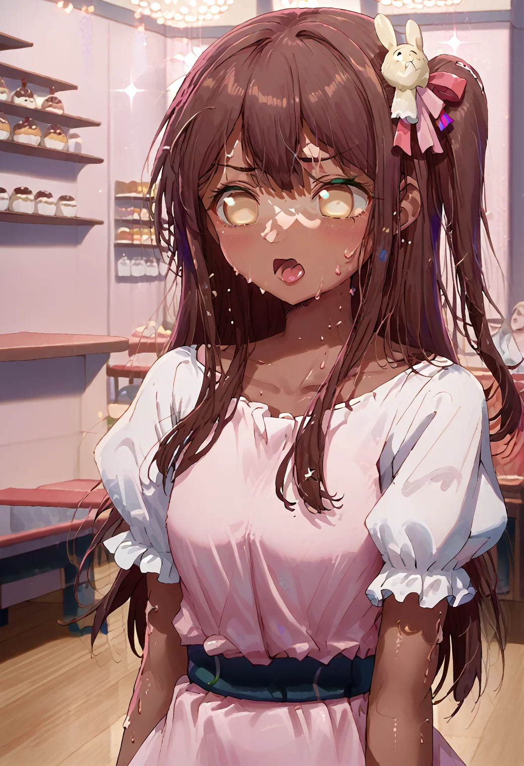 score_9, score_8_up, score_7_up, source_anime,,1girl,
<lora:Petrification_Lora_r1:0.8>,
chocolate skin,
chocolate_tf,
chocolate hair,
brown skin
,no eyes,
1girl, hoshinoai, solo, <lora:hoshinoai_ponyxl:1>, brown hair, brown eyes, long hair, (star-shaped pupils), one side up,idol, puffy sleeves, puffy short sleeves, bunny hair ornament, hair ornament, star hair ornament, gradient dress, white dress, pink dress, facing viewer, heart, sparkle, upper body, close-up, fangs, sweat, one eye closed, open mouth
,sweetsshop, inside,
, detailed background, high resolution background,