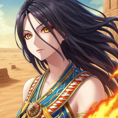 mana_sk style, portrait, focus on face, a fiery desert warrior woman with long, windswept black hair and striking amber eyes, wearing a beaded top with intricate gold patterns and a sheer shawl draped over her shoulders, her expression fierce and untamed, a vast desert with ancient ruins and swirling sand in the background, Japanese RPG style, adventurous and powerful atmosphere, intricate details on her outfit and accessories