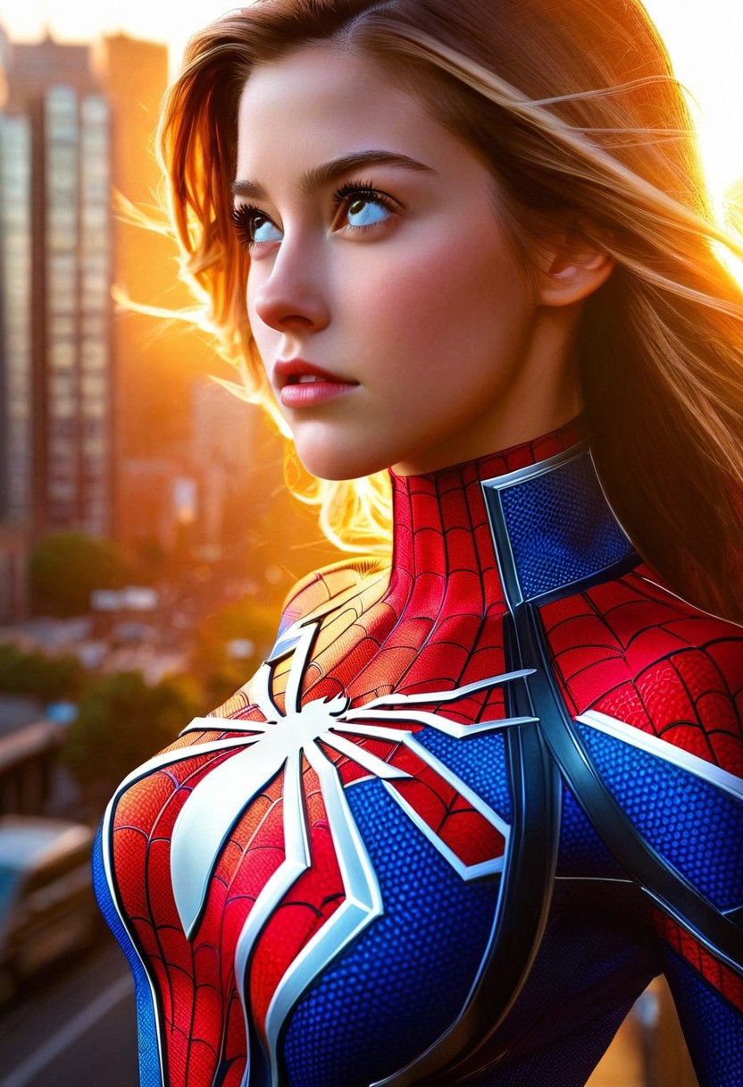 A hyper-realistic portrait of a lone girl, focusing on her upper body, dressed in a sleek Spiderman outfit, with intricate details on the suit's texture and logo, set against a blurred cityscape background with a warm, golden light casting a gentle glow, emphasizing the subject's determined expression, in a cinematic composition with a slight low-angle shot, as if looking up to her, with a vibrant color palette and subtle shading, evoking a sense of heroism and empowerment.