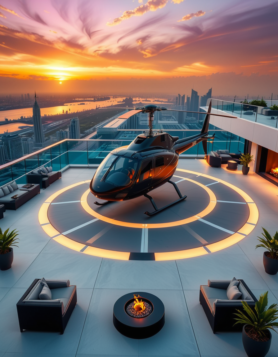A high-resolution photo of a luxurious rooftop of a five-star hotel at sunset, featuring a sleek helipad with a high-end, matte-black private helicopter elegantly parked. The rooftop is designed with ultra-modern architecture, featuring a spacious terrace with infinity-edge glass railings, ambient lighting, and a panoramic city skyline in the background. The surface of the helipad is clean, polished concrete with clear illuminated markings. Surrounding the helipad, there are lounge areas with modern outdoor furniture, minimalist fire pits, and decorative planters with tropical greenery. The lighting is warm and golden, casting soft shadows and highlighting the contours of the helicopter and the textures of the rooftop. The sky is dramatic, painted with hues of orange, pink, and violet, creating a cinematic atmosphere of luxury and exclusivity. The overall mood is elite, calm, and aspirational, showcasing the ultimate in urban luxury lifestyle.
<lora:SDXLFaeTastic2400:0.4> <lora:extremely_detailed:0.4> extremely detailed, <lora:helipad_r00ft0p:1>,helipad r00ft0p, Masterpiece,best quality,hi res,8k,hi res,8k,award winning,(sharp focus, intricate, highly detailed),