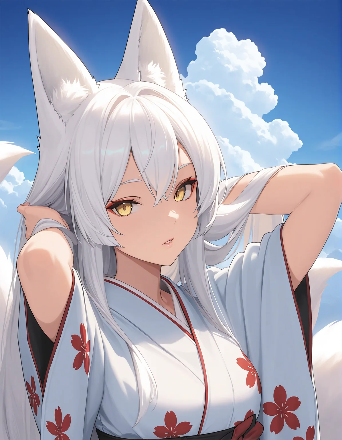 1girl, fox tail, sky, white hair, long hair, animal ears, masterpiece, yellow eyes, kitsune, parted lips, looking at viewer, kimono, floral print, outdoors, arms behind head, adjusting hair, cloud, volumetric lighting, blue sky, portrait, upper body,