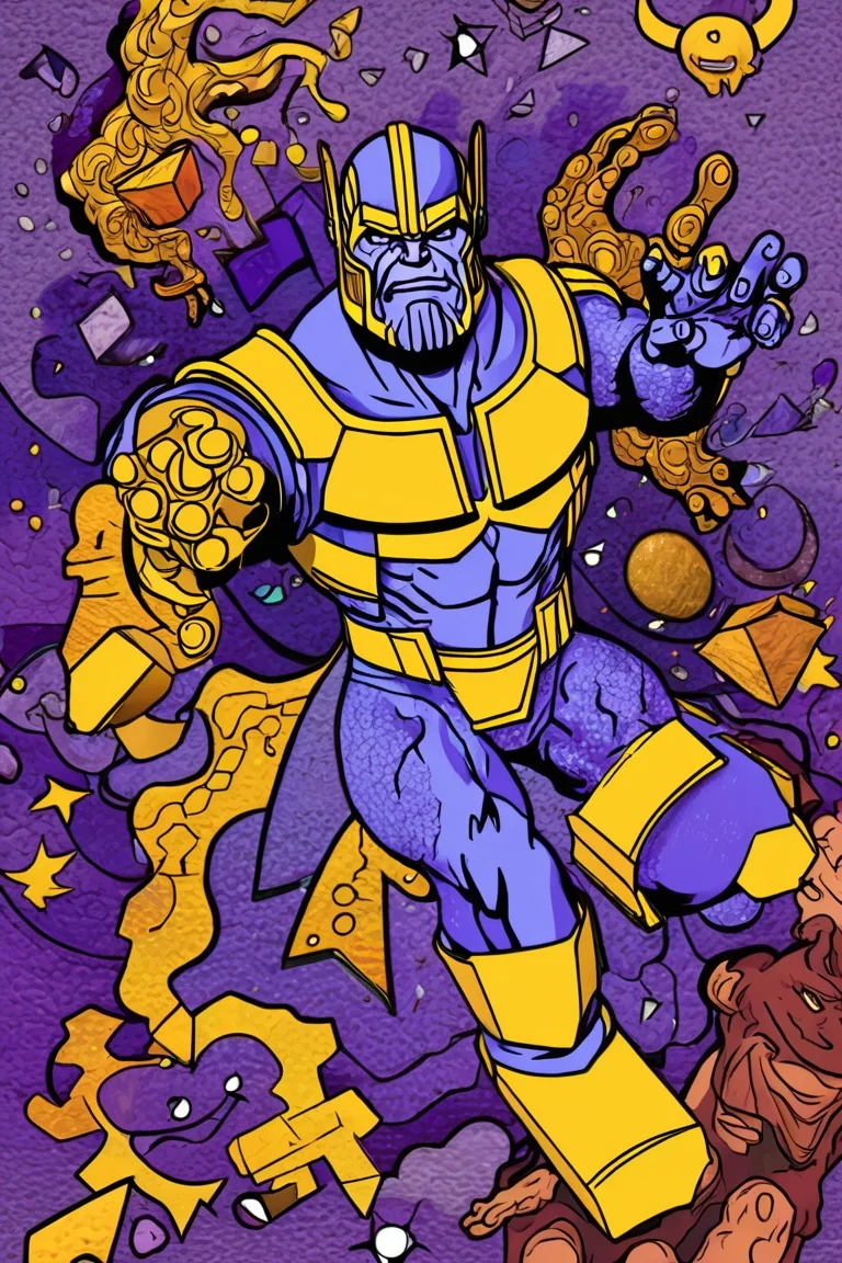 heroic pose outline of Thanos, surrounded by many shapes, colorful doodle art style <lora:Doodle_XL_V1:1>