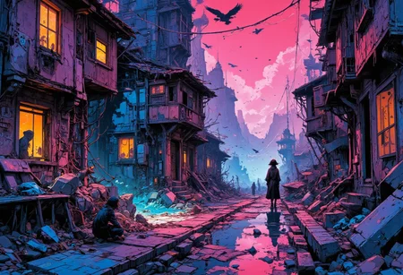 A vibrant and emotional close-up illustration of the Shadows Country, where everything is black and white. The environment is surreal—medieval small city streets full of garbages, noises, smells, with peoples showing their heads through the windows. Crows and rats hidden, always ready to grab some food stuf. Shadowy animals characters peek out from the background. The drawing technique is warm and hand-drawn, using delicate ink outlines and soft watercolor washes to evoke the charm of a children's book illustration, while the framing emphasizes. Surreal neon colors.