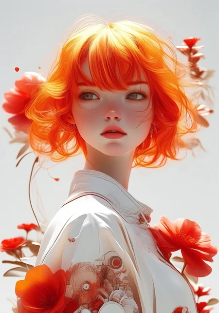 core_9, score_8_up, score_7_up, score_6_up, Anime-style Digital anime illustration of a young character with short, windswept red-orange hair, wearing a white and red patterned outfit with intricate geometric designs. She has a red knit beanie and is shown in a side profile with a determined expression. Elaborate red and white mechanical or organic accessories float around her, with stylized red flower-like elements. The art style is hyper-detailed digital painting with exceptional attention to texture, lighting, and color gradation. The color palette is dominated by vibrant reds, whites, and soft orange tones, creating a dynamic and energetic cyberpunk or fantasy-inspired aesthetic.