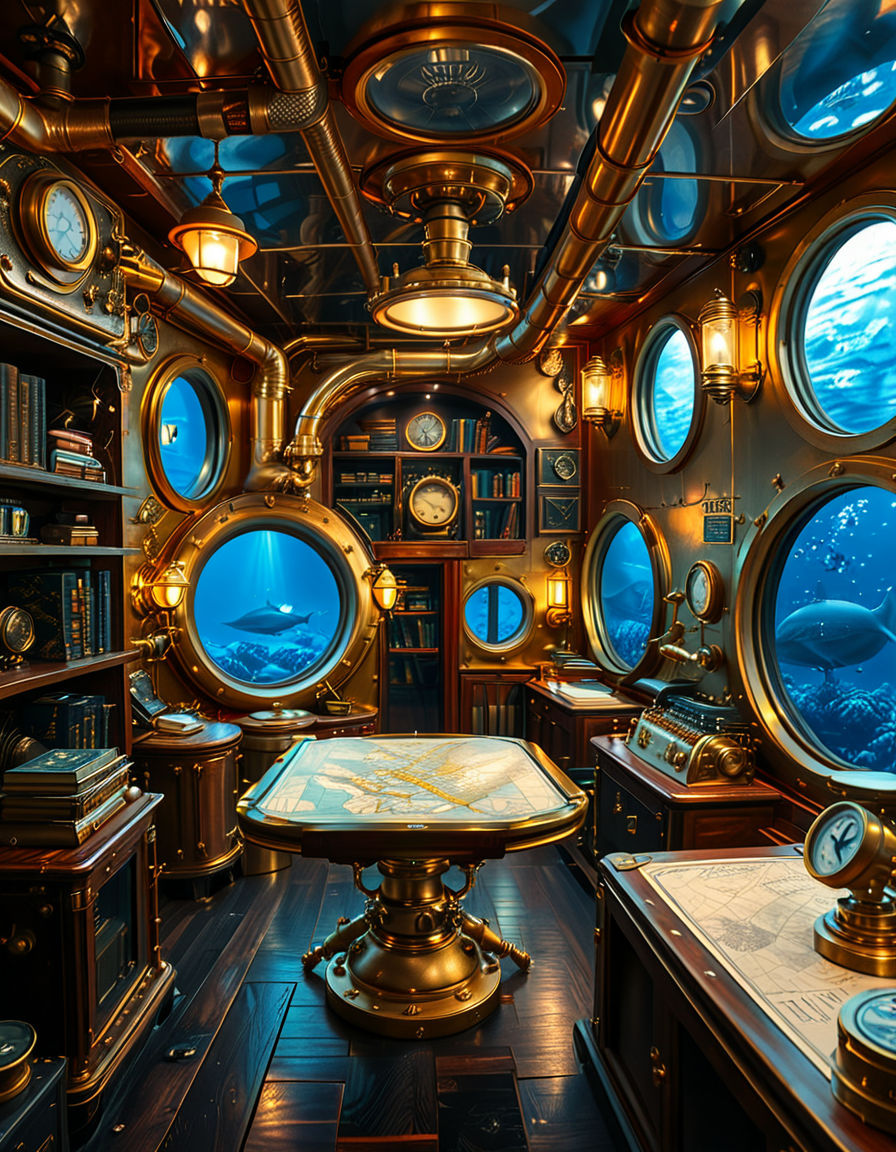 A stunning and intricate view of the interior of the Nautilus submarine, inspired by Jules Verneâs steampunk aesthetic. The room is a mix of Victorian elegance and advanced 19th-century marine engineering. The walls are lined with riveted brass and copper pipes, with intricate pressure gauges and mechanical levers. A massive, round glass porthole offers a breathtaking underwater view of deep-sea creatures swimming in the dark abyss. The warm glow of antique oil lamps and gaslights illuminates the space, casting soft golden reflections on the polished mahogany furniture and ornate brass railings. A large wooden desk is covered with old nautical charts, compasses, and a logbook filled with Captain Nemoâs notes. In the background, a library with leather-bound books and scientific instruments is neatly arranged on wooden shelves, emphasizing the scholarly and adventurous nature of the vessel. The ambiance is a perfect fusion of mystery, science fiction, and vintage maritime beauty, evoking a sense of wonder and deep-sea exploration.<lora:SDXLFaeTastic2400:0.4> <lora:extremely_detailed:0.4> extremely detailed, <lora:Nautilus_subm4r1n3:1>,Nautilus subm4r1n3, Masterpiece,best quality,hi res,8k,hi res,8k,award winning,(sharp focus, intricate, highly detailed),