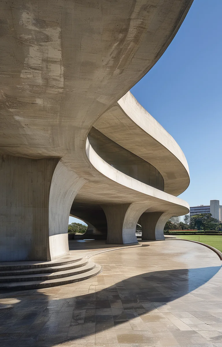 masterpiece,best quality,<lora:tbh313-sdxl:0.75>,illustration,designed by Oscar Niemeyer, Brutalist concrete university campus with geometric shapes and exposed materials