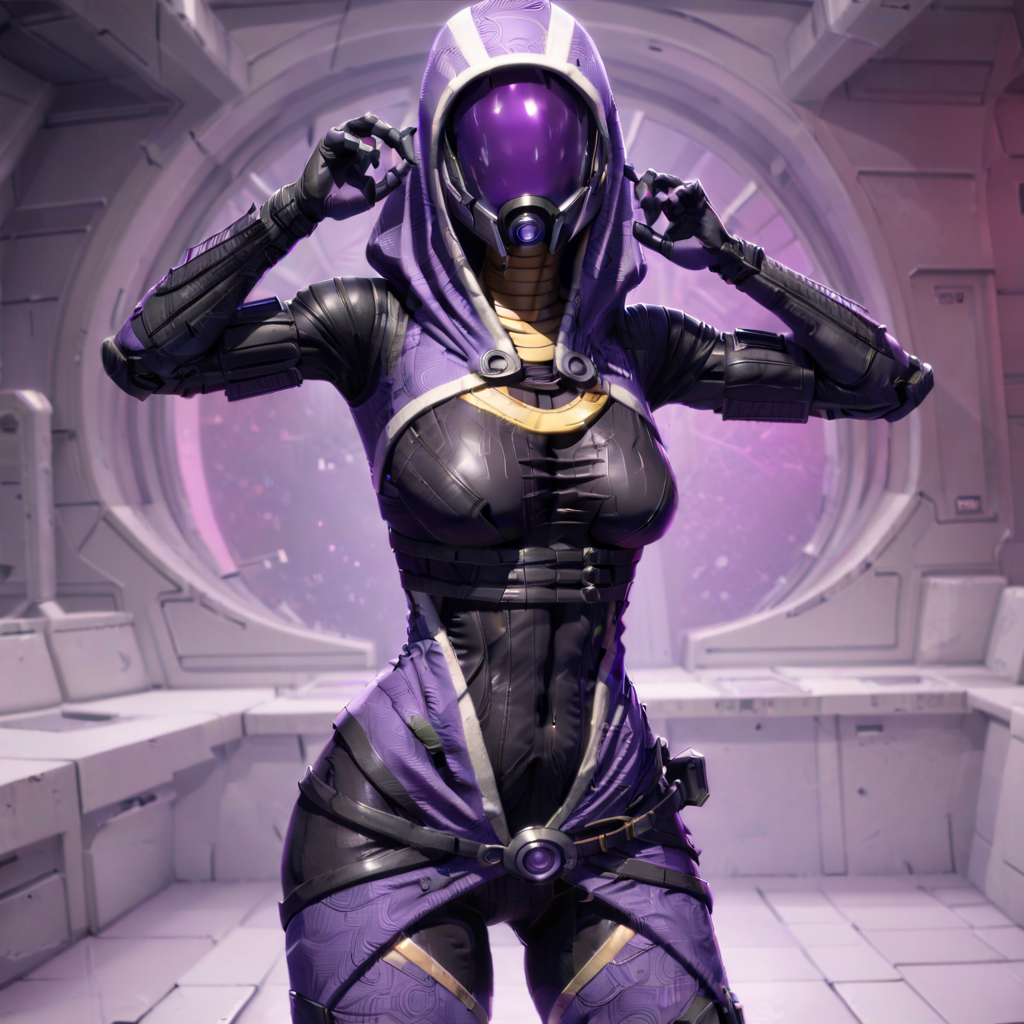 Tali Zorah, body suit, posing with hand behind head