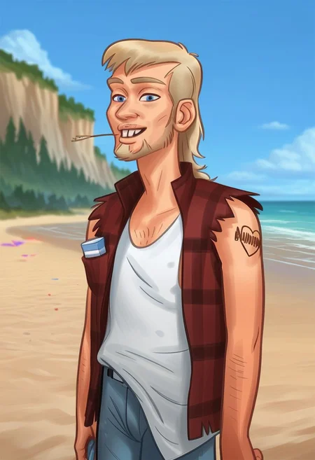 score_9, score_8_up, score_7_up, score_6_up, score_5_up, score_4_up, ((low depth of field)), <lora:SummertimeSagaXL_Pony:0.4>, (Drawn in the style of summertime saga), (beautiful landscape),
BREAK
<lora:stsClyde-10e:0.7>, stsclyde on beach, 1boy, blue eyes, blonde hair, big front teeth, jeans, plaid shirt, white shirt, sleeveless, straw in mouth, looking at viewer, male focus