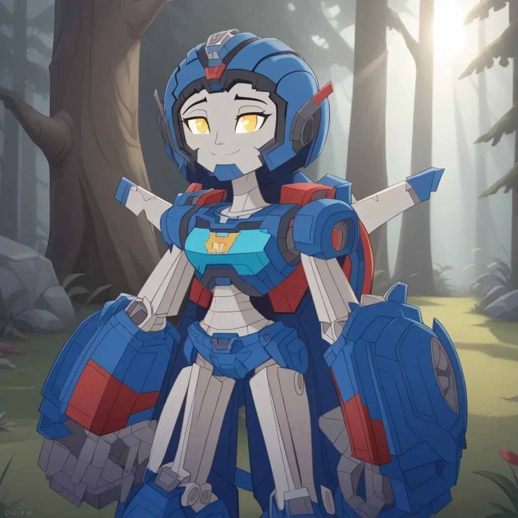 score_9, score_8, BREAK, solo, Whirl_(Transformers), 1girl, autobot, autobot logo on chest, yellow eyes, glowing eyes, alien girl, robot, robot girl, humanoid robot, mecha, self portrait, smile, looking at viewer, outdoors, sunlight, shadows, evening lighting, natural lighting, forest, trees, grass, orange sky, sunset