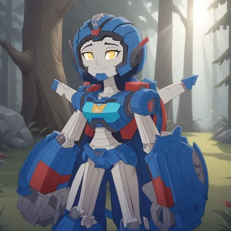 score_9, score_8, BREAK, solo, Whirl_(Transformers), 1girl, autobot, autobot logo on chest, yellow eyes, glowing eyes, alien girl, robot, robot girl, humanoid robot, mecha, self portrait, smile, looking at viewer, outdoors, sunlight, shadows, evening lighting, natural lighting, forest, trees, grass, orange sky, sunset
