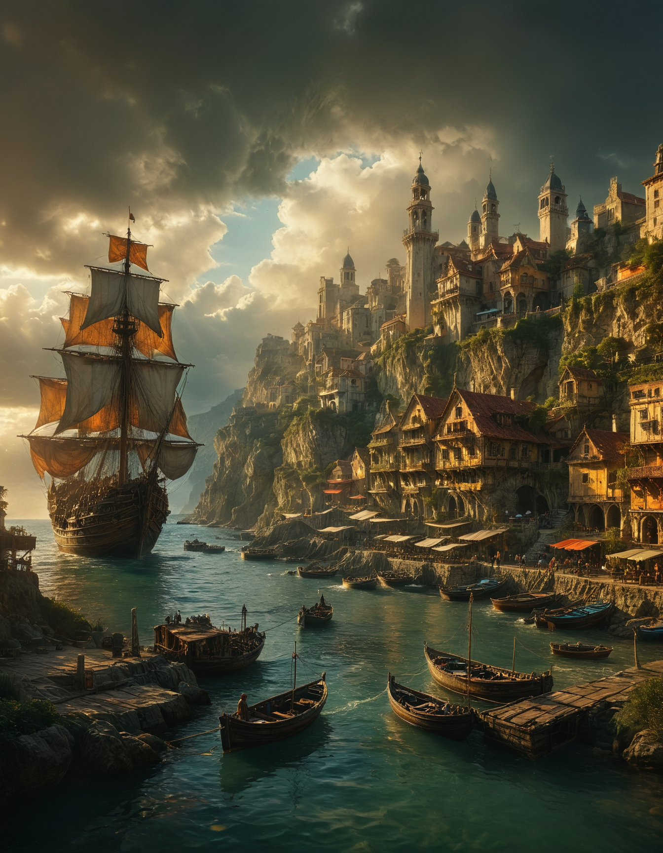 coastal city with a harbor bustling with activity, the city features intricately designed buildings that rise up along the cliffs, adorned with lush greenery and intricate architectural details, A large majestic galleon with billowing sails is anchored in the harbor, The sky is partly cloudy, sunlight breaking through, casting a warm glow on the scene, The atmosphere is lively, with people going about their daily activities, market stalls and smaller boats navigating the waters, medieval fantasy and vibrant maritime life, <lora:MJ52:0.5>, <lora:SDXLFaeTastic2400:0.5>, <lora:volumetric lighting:0.8>, <lora:zavy-cntrst-sdxl:0.8>