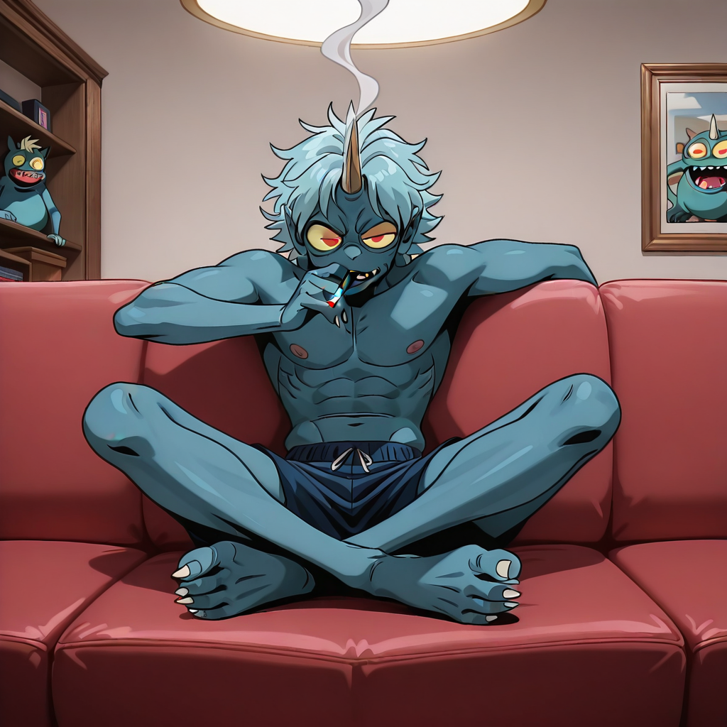 HDA_MasterpieceXLclassic, indoors, condo, couch, sitting on couch, holding cigarette, smoking, <lora:Lesser_Demons_-_Twin_dolls__Tein_angels_serie:1> LesserdemonIL, 1boy, short male, scrawny male, monster, demon, horn, 1boy, solo