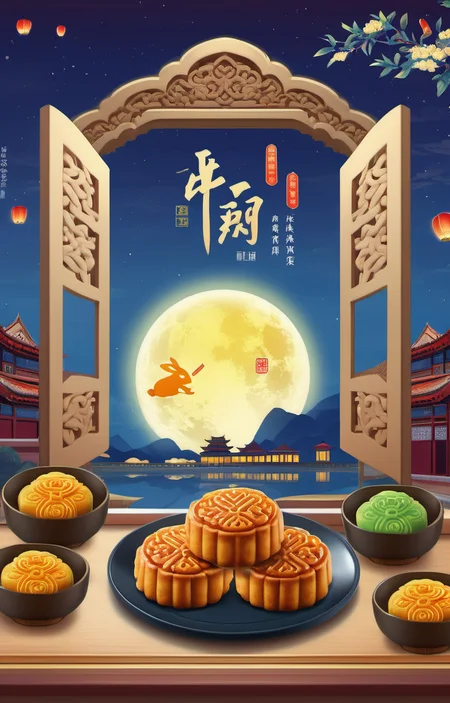 Renaissance style masterpiece,best quality,<lora:zqhb-000009:0.8>,scenery,bunny,east_asian_architecture,full_moon,poster design,night_sky,border,say,put the mooncakes on the plate,window sill, . realistic, perspective, light and shadow, religious or mythological themes, highly detailed