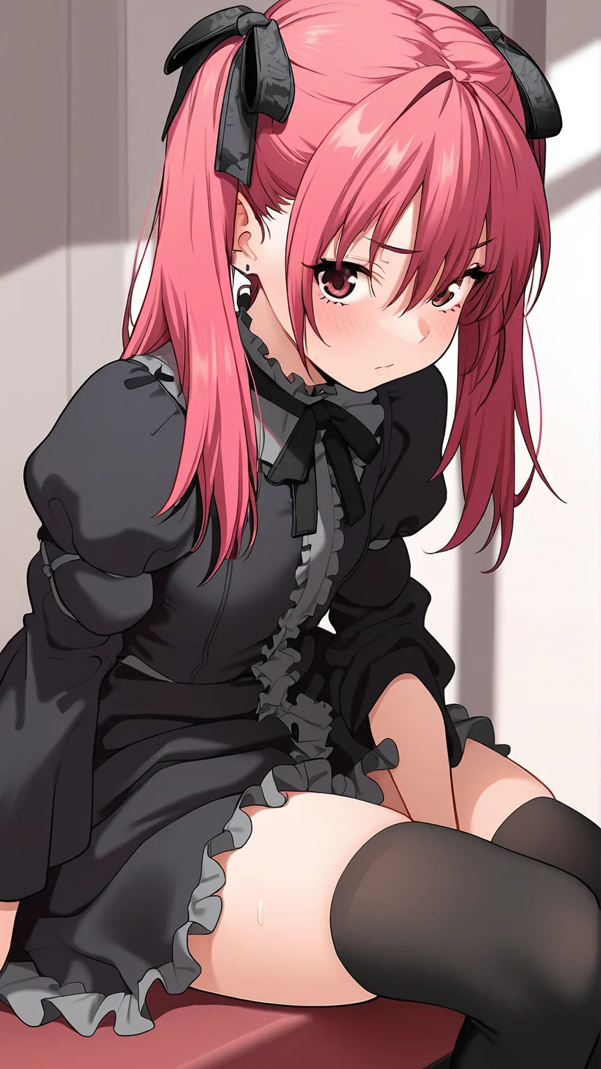 amazing quality,absurdres,best quality,masterpiece,highres,newest,detailed,detailed body,detailed face,masterpiece,best quality,solo,
mayqueen,1girl,solo,thighhighs,twintails,goth fashion,dress,black thighhighs,red hair,ribbon,pink hair,<lora:mayqueen:0.8>,