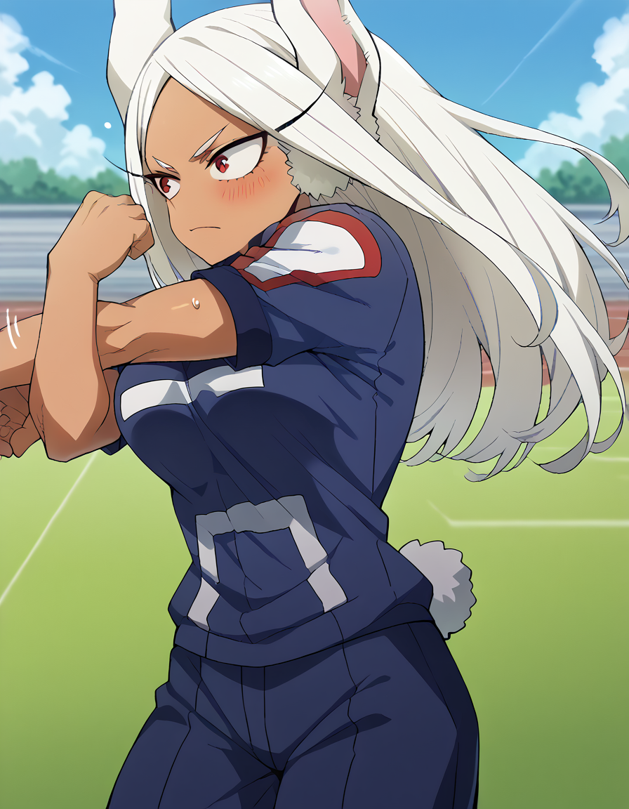 score_9, score_8_up, score_7_up, source_anime, <lora:rumi-usagiyama-ponyxl-lora-nochekaiser:1>, rumi usagiyama, long hair, animal ears, white hair, dark skin, rabbit ears, dark-skinned female, rabbit girl, red eyes, parted bangs, large breasts, <lora:ua-gym-uniform-ponyxl-lora-nochekaiser:1> ua gym uniform, u.a. gym uniform, blue track suit, blue pants, blue shirt, short sleeves,, blush, track and field, <lora:cross-body-stretch-ponyxl-lora-nochekaiser:1> cross-body stretch, stretching, arm across chest, exercising,, cowboy shot,