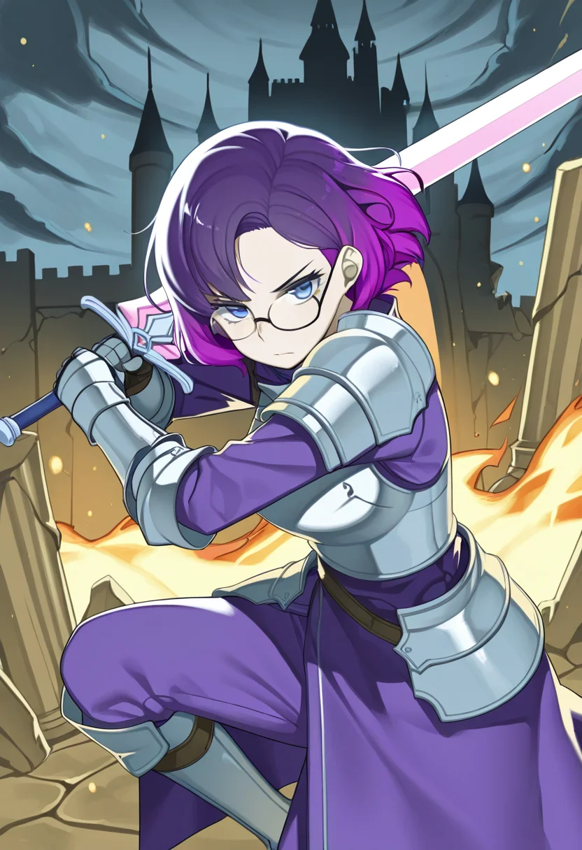 1girl, solo, keiryuu seo, purple hair, blue eyes, detailed eyes, gradient eyes, looking at viewer, glasses,
armor, shoulder pads, gauntlets, knee boots, medium shot, dynamic pose swinging sword, crumbling castle background, fire particles, broken statues, stormy sky
<lora:Character_Keiryuu Seo:0.7> <lora:StS-Illustrious-Detail-Slider-v1.0:1>