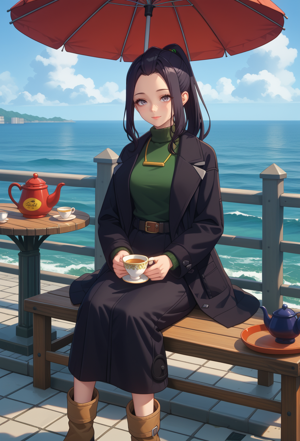 score_9, score_7_up, source_anime, BREAK solo,  <lora:AECaroni:0.7> AECaroni, grey eyes, black eyes, black hair, forehead, long hair, mole under eyes, ponytail, sidelocks, black coat, long sleeves, green sweater, turtleneck sweater, necklace, belt, black skirt, long skirt, ankle boots, brown footwear,  
light smile, sitting, table, holding cup, teacup, teapot, parasol, ocean, on roof,