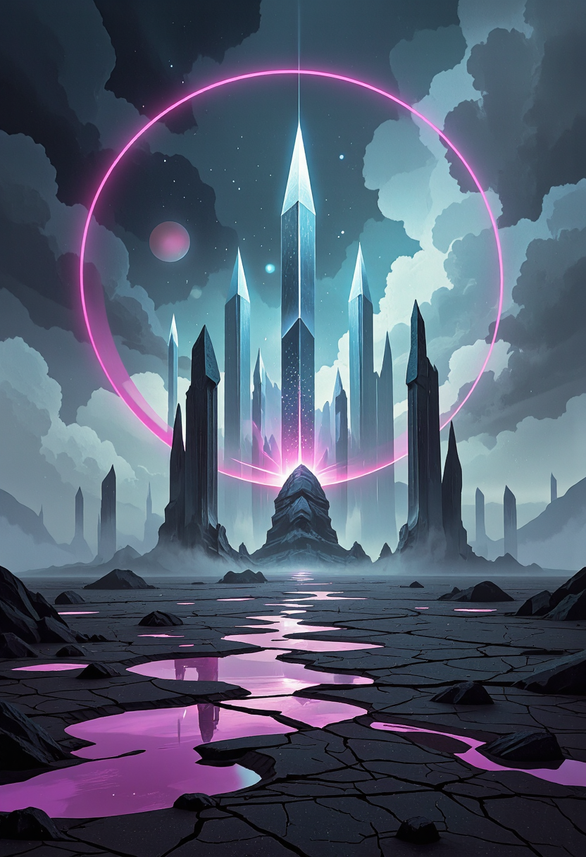 <lora:Pieper-Geometrics-Afterlife:0.8>,Op-Art, Eerie Crystalline Spires Towering crystalline spires rise from a barren, mist-shrouded wasteland. Each spire radiates a faint, otherworldly glow, their jagged surfaces glistening like shards of ice. The ground is cracked and lifeless, with pools of dark, reflective liquid scattered throughout. The mist swirls with an unnatural energy, casting shifting shadows that suggest unseen movement, Geometric Shapes, light fill the shapes becoming more and more transparent and brilliant. patterns dance and constrict and pulse