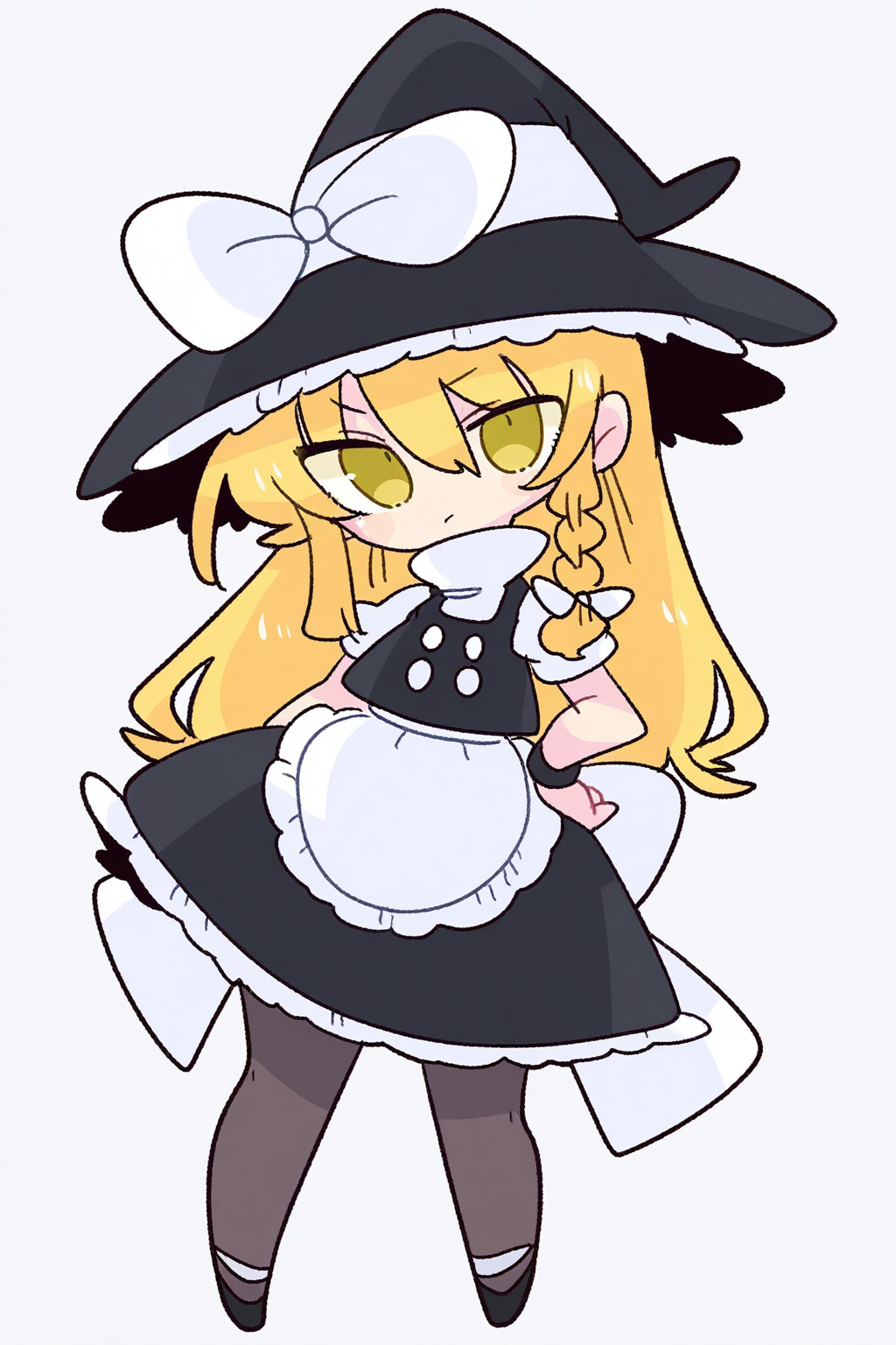Qstyle,kirisame marisa,1girl,hat,witch hat,blonde hair,yellow eyes,waist apron,skirt,apron,single braid,braid,solo,black skirt,vest,bow,frills,shirt,black vest,short sleeves,white shirt,white background,simple background,hat bow,frilled skirt,puffy sleeves,long hair,white bow,****,hair bow,puffy short sleeves,black footwear,white apron,black headwear,turtleneck,skirt set,pantyhose,
