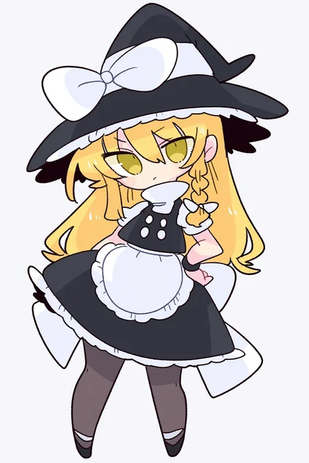Qstyle,kirisame marisa,1girl,hat,witch hat,blonde hair,yellow eyes,waist apron,skirt,apron,single braid,braid,solo,black skirt,vest,bow,frills,shirt,black vest,short sleeves,white shirt,white background,simple background,hat bow,frilled skirt,puffy sleeves,long hair,white bow,****,hair bow,puffy short sleeves,black footwear,white apron,black headwear,turtleneck,skirt set,pantyhose,