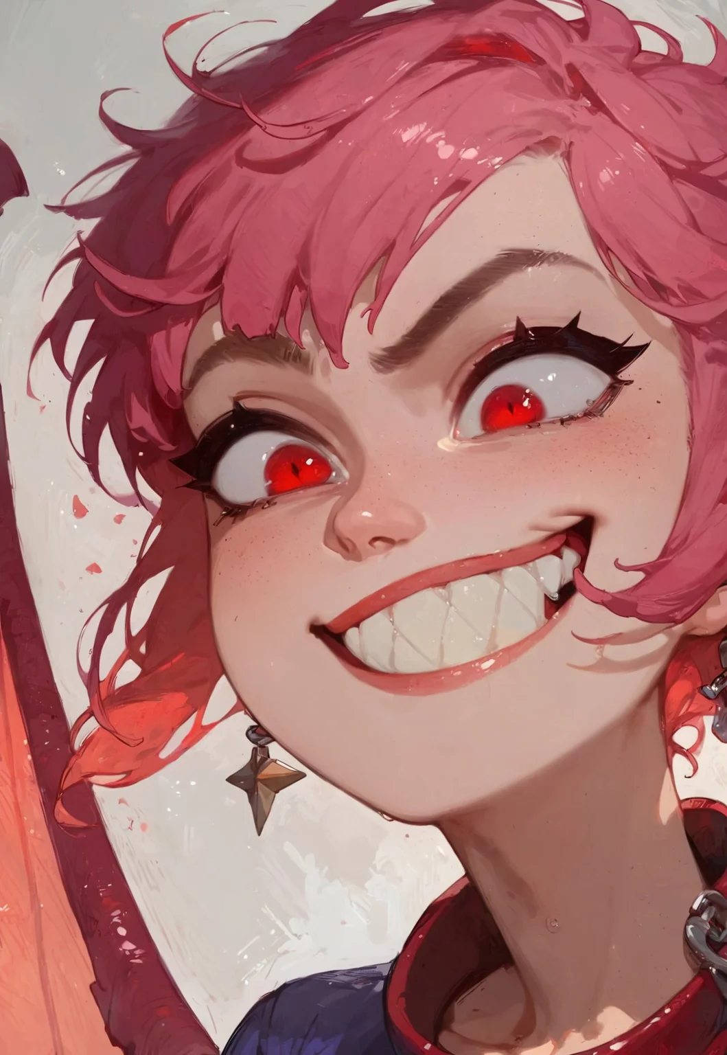 score_9, score_8_up, score_7_up, ASCII, masterpiece,nimona (character), nimona, 1girl, bluebiscuits, collar, dragon wings, ear piercing, grin, piercing, pink hair, red eyes, red tunic, sharp teeth, short hair, short hair with long locks, smile, tunic, wings, solo, flat chest, close up face