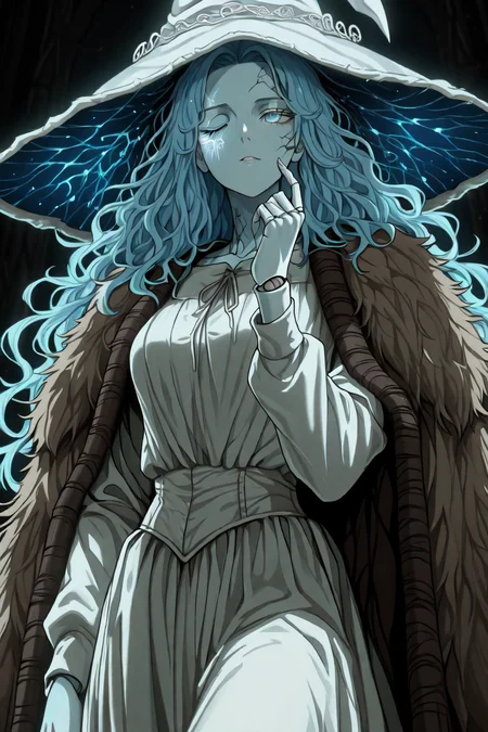 <lora:Ranni_illusXLNoobAI_Incrs_v1:0.4> RnnDef, blue eyes, one eye closed, blue hair, wavy hair, extra faces, ghost face, blue skin, colored skin, cracked skin, doll joints, witch hat, large hat, white headwear, white dress, long sleeves, fur cloak, brown cloak,<lora:dark_art_style_illustriousXL:1>, dark_art_style, masterpiece, highres