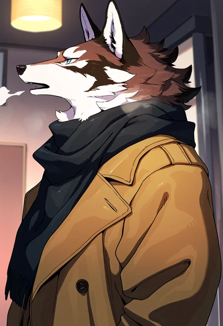 very awa, masterpiece, best quality, year 2024, newest, highres, absurdres, <lora:age_slider_v4:3> <lora:thicc_v1.4-pony:1.2>,detailed_background,indoors,androgynous,open mouth,breath,coat,animal ears,furry male,body fur,wolf boy,1boy,black scarf,upper body,scarf,brown fur,highres,murayama ryota,from side,blue eyes,profile,brown coat,wolf ears,male focus,solo,snout