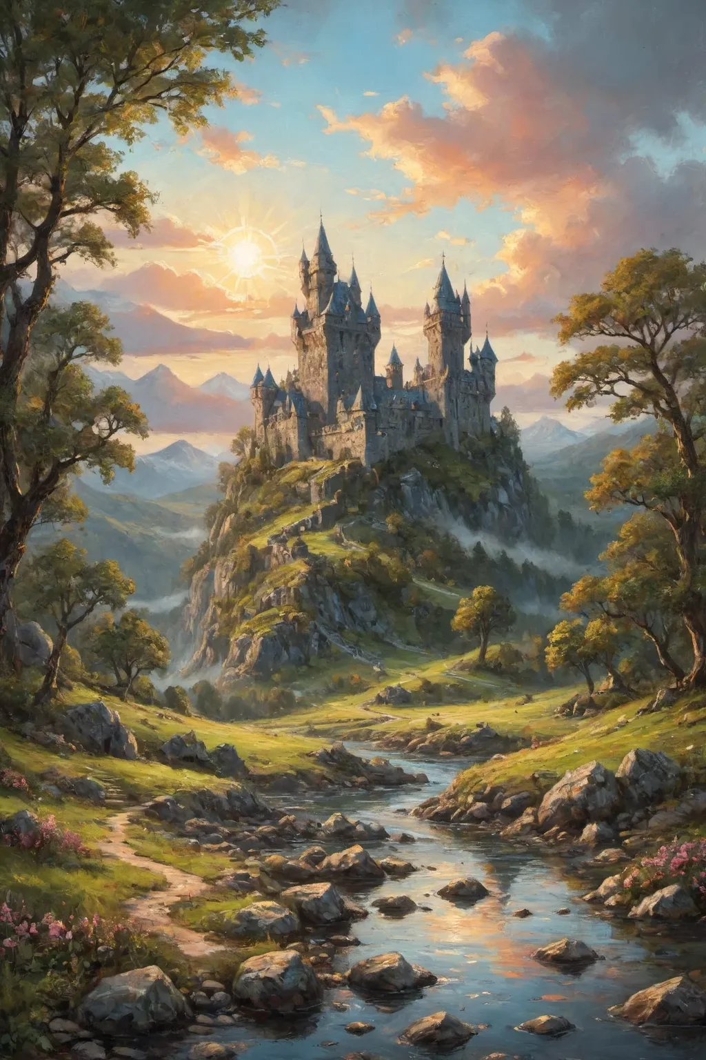 fantasy, (beautiful celtic landscape:0.9), (very detailed:1.2), (best quality:1.2), sharp focus, (big rocks:0.9), (moss:0.4), (ripples, reflections:0.8), celtic  castle, (small river small pond:0.5), druid forest, (druid village:1.2), (stunning nature environment:0.8) , (enchanted land:0.5), bright (sunny sky), (sunset:0.3), high contrast, natural light, backlight, shadows, (lens flare:0.6), (vibrant colors, colorful), clovers, (Fluorescent Pink flowers:0.9), leaves,  <lora:add-detail-xl:1>  <lora:Better Blur Control:1>