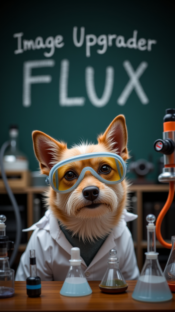 A dog in a lab Circlet and safety goggles, surrounded by scientific equipment, with the caption, "I have no idea what Iâm doing... but the images look great!" On a chalkboard in the background, the Text: "Image Upgrader FLUX" is written in Ordered handwriting.