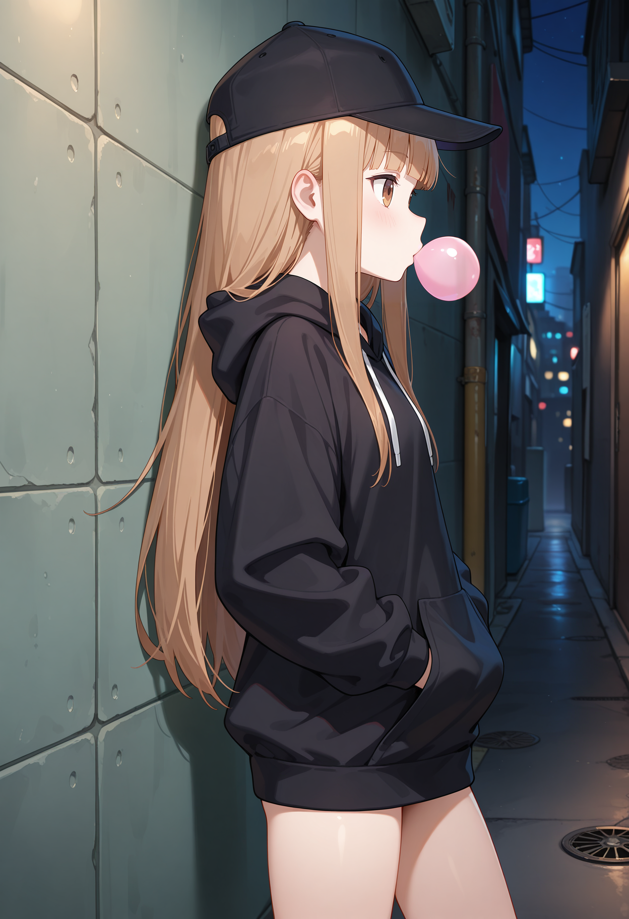 best quality, masterpiece, 1girl, aamiyano, long hair, brown hair, blunt bangs, brown eyes, <lora:miyano_(tanakeda)_ilxl_v1:0.9>, black hoodie, bare legs, alley, night, standing, cowboy shot, hands in pockets, chewing gum, against wall, from side, baseball cap,