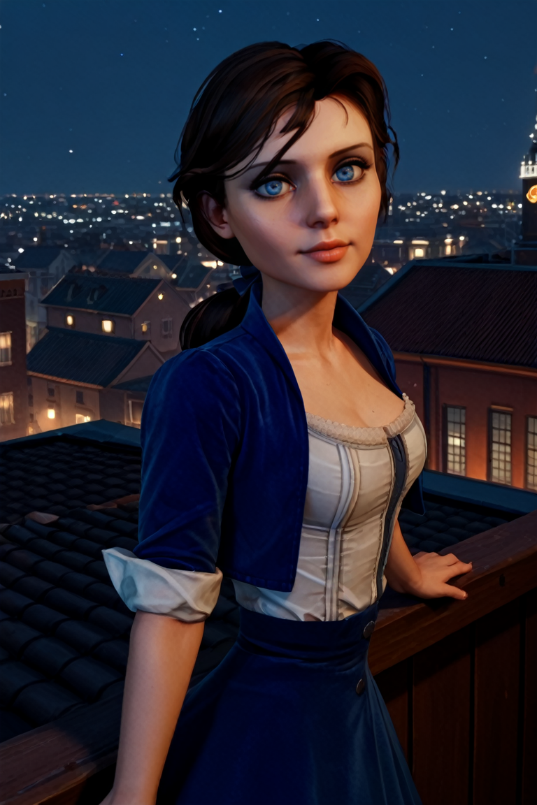 score_9, score_8_up, score_7_up, score_6_up, score_5_up, score_4_up
<lora:BioshockElizabeth:1.0>
BioshockElizabeth, 1girl, brown hair, ponytail, blue eyes, looking at viewer, overlooking the city from a rooftop bar at night, chic outfit, standing