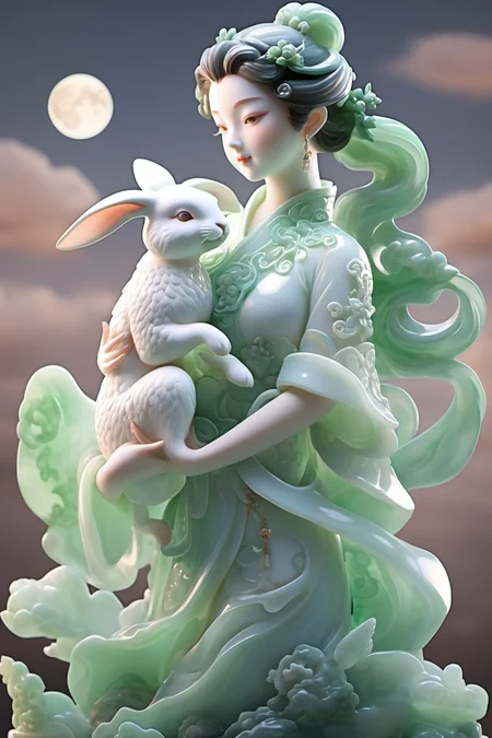 jade Sculptureï¼jade, realisticï¼1 girl, Holding a rabbit in her arms ï¼pure skin, cheongsam, cinematic light, full moon, cloud, night, moon light, star <lora:jade:0.7>